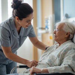 badante in abiti normali che assiste una persona anziana in ospedale 1 badante in abiti normali che assiste una persona anziana in ospedale 1